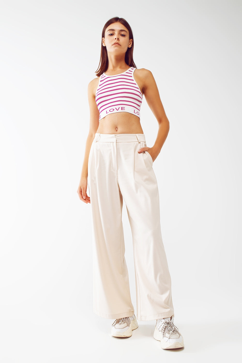 Striped Cropped Top with Love Text in Pink