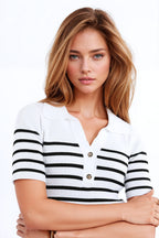 Striped Polo with Button Detail in White