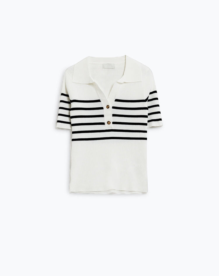 Striped Polo with Button Detail in White