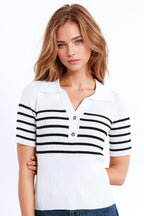 Striped Polo with Button Detail in White