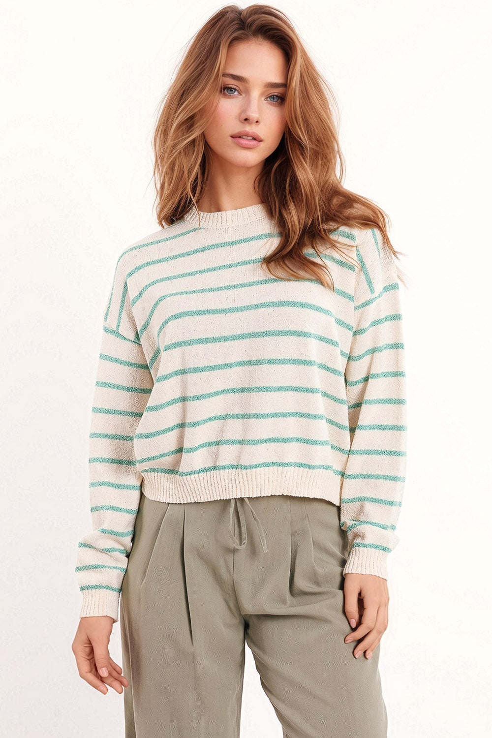 Sweater with Drop Shoulders | White with Green Stripes