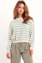 Sweater with Drop Shoulders | White with Green Stripes