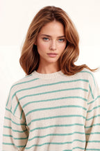 Sweater with Drop Shoulders | White with Green Stripes