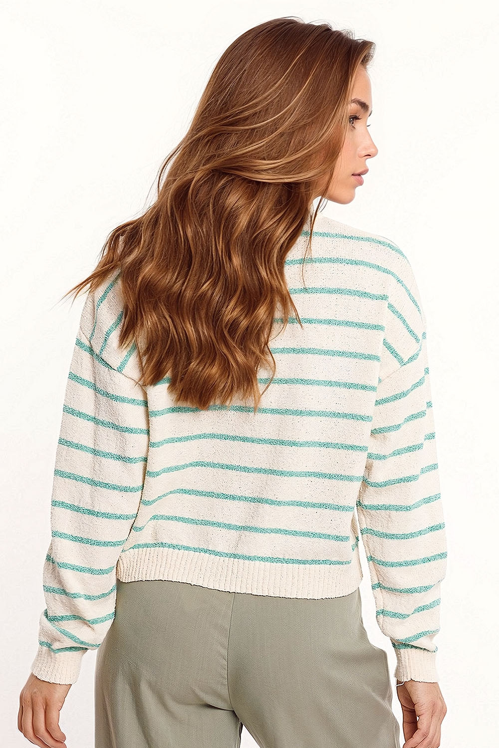Sweater with Drop Shoulders | White with Green Stripes