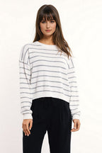 Sweater with Drop Shoulders in White with Grey Stripes
