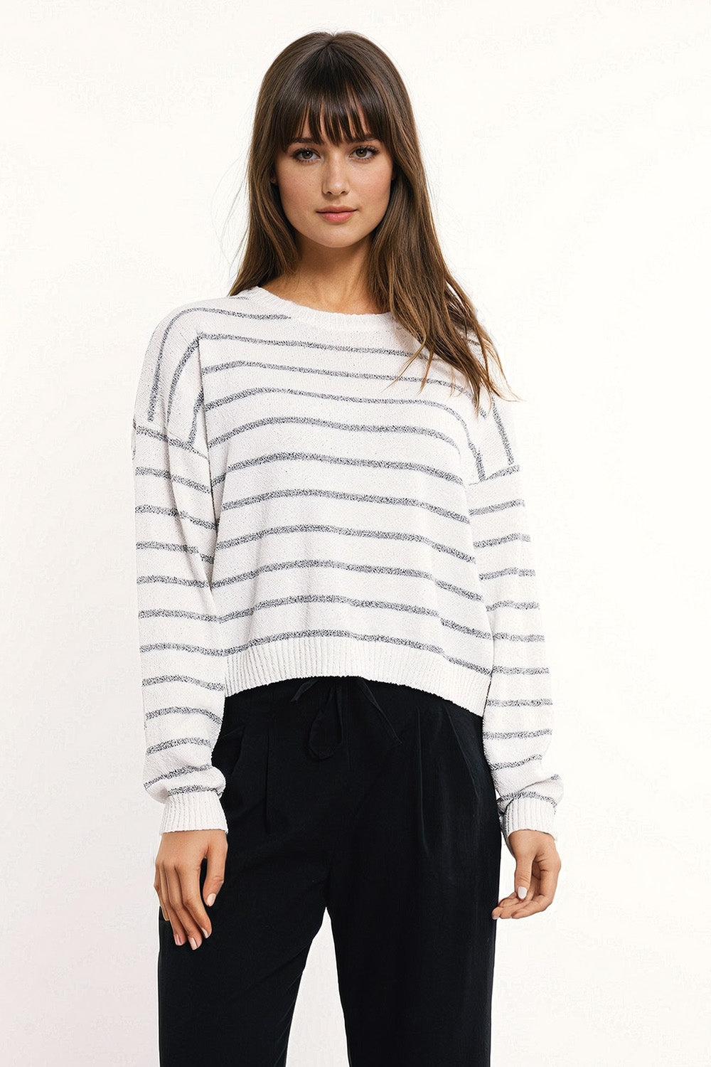 Sweater with Drop Shoulders in White with Grey Stripes