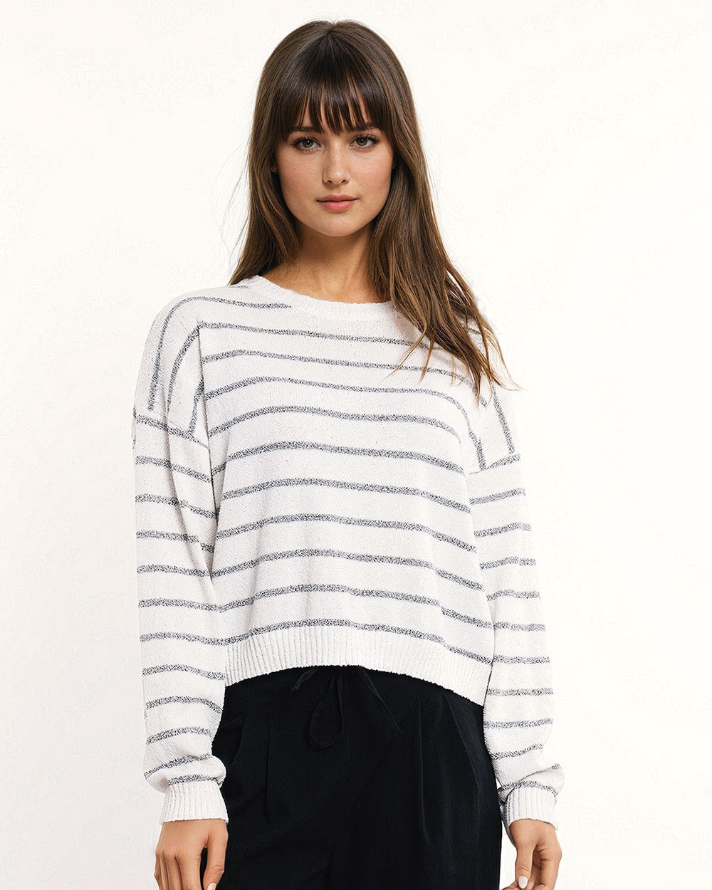 Sweater with Drop Shoulders in White with Grey Stripes