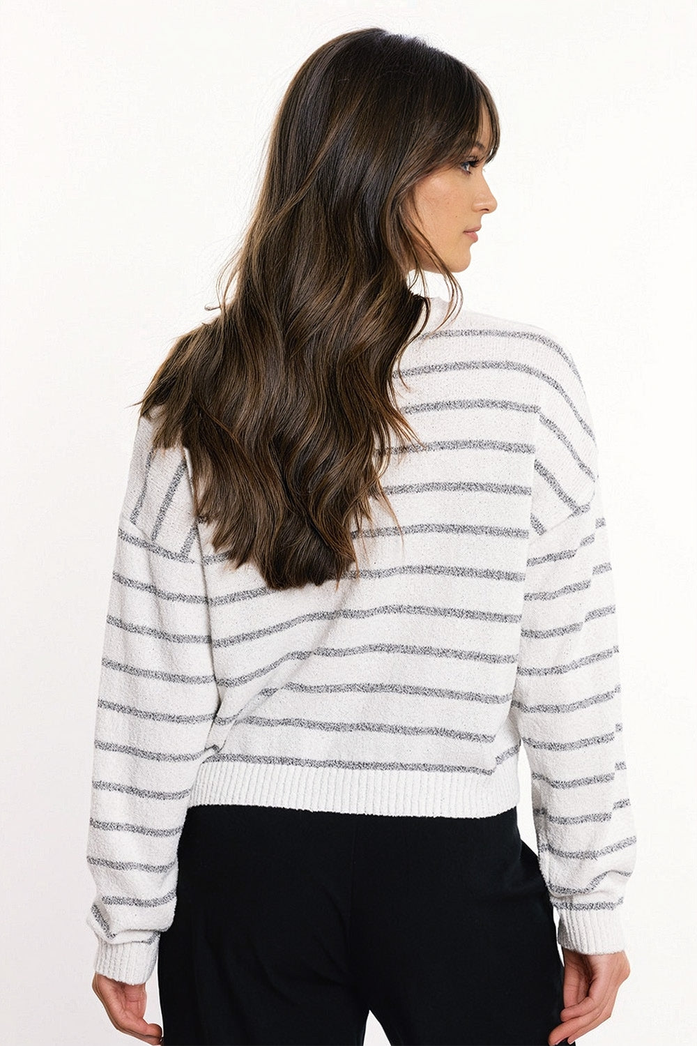 Sweater with Drop Shoulders in White with Grey Stripes
