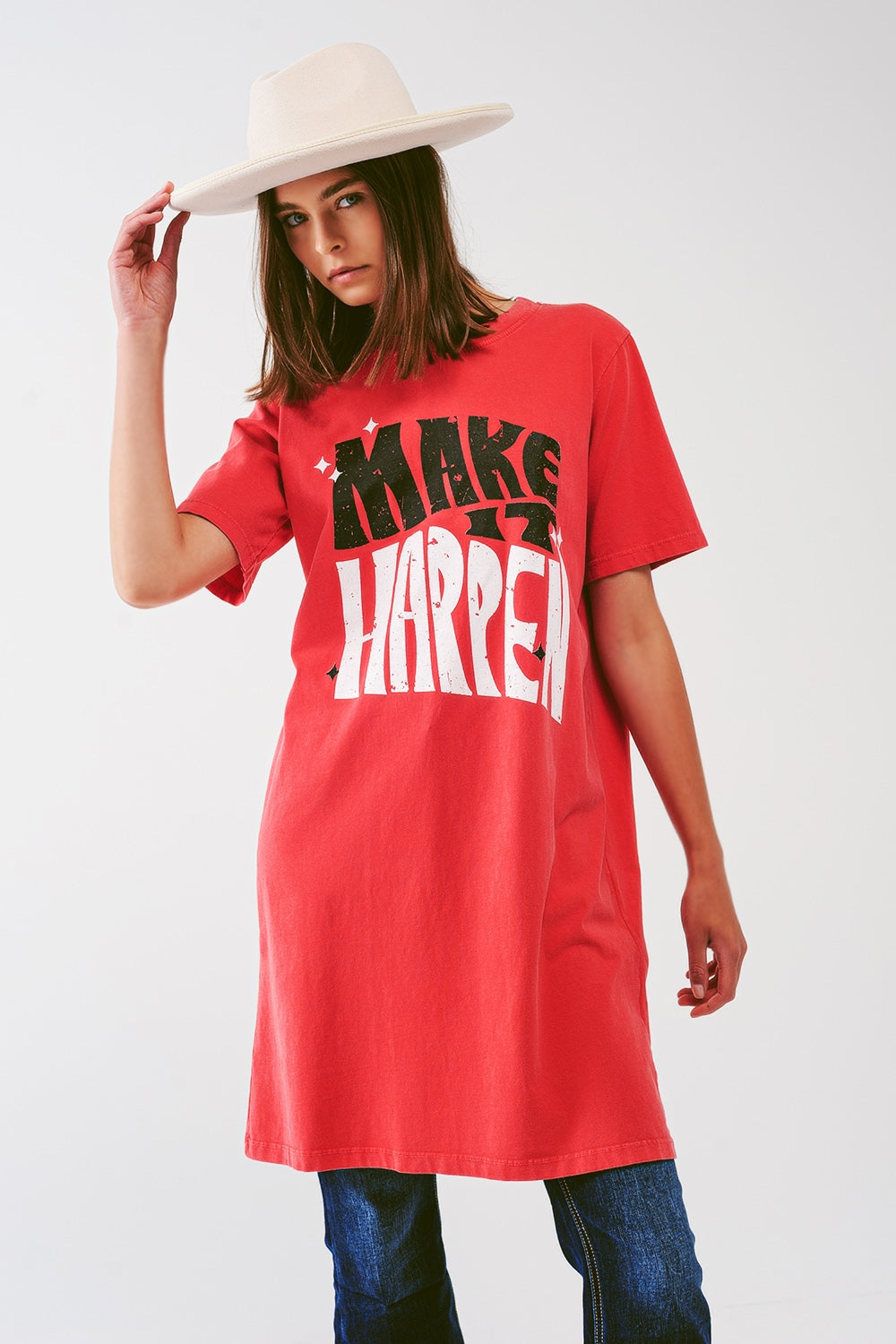 T-Shirt Dress with Make It Happen Text in Red