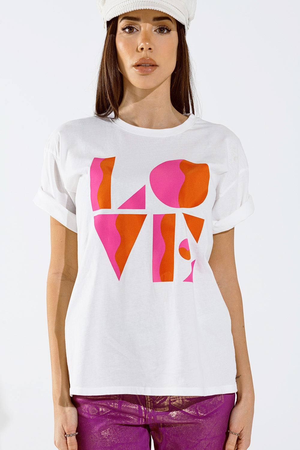 T-Shirt with LOVE Art Deco Digital Print in White