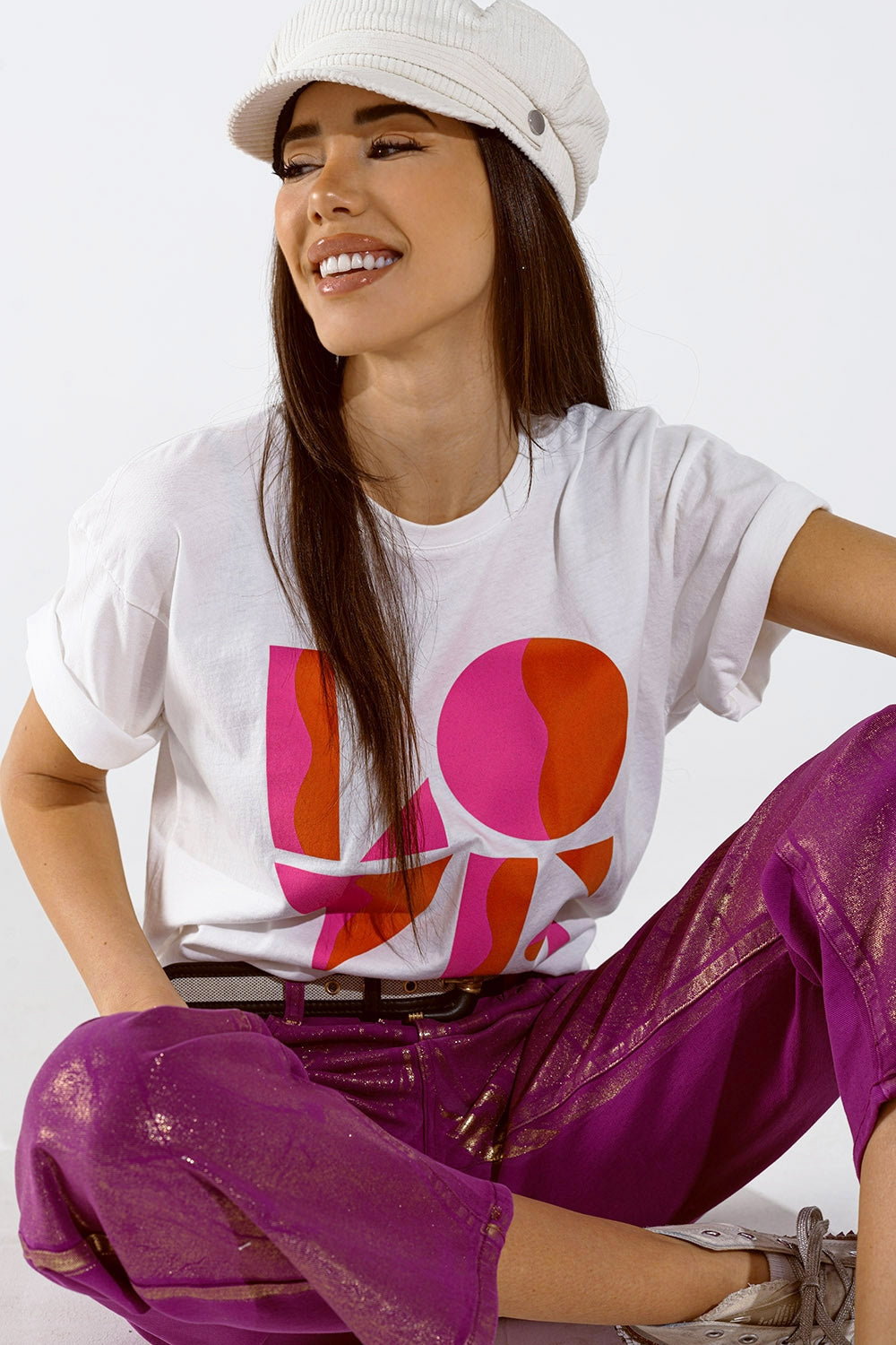 T-Shirt with LOVE Art Deco Digital Print in White
