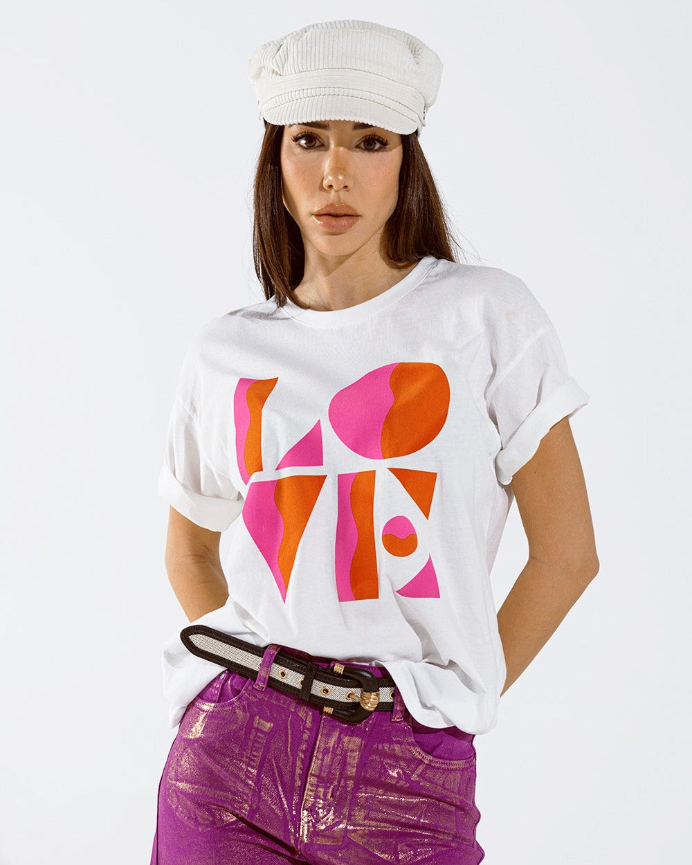 T-Shirt with LOVE Art Deco Digital Print in White