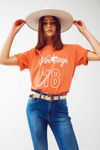 T-Shirt with Vintage 18 Text in Orange