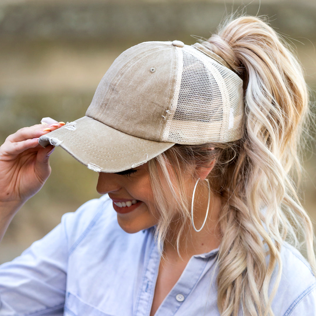 Distressed Messy Bun Hat Cap