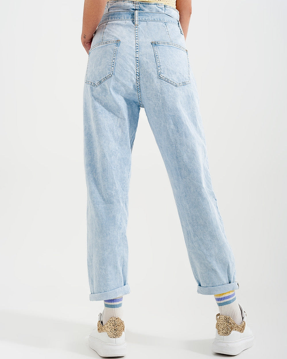 Tapered Leg Jeans with Paper Bag Waist in Light Vintage Wash