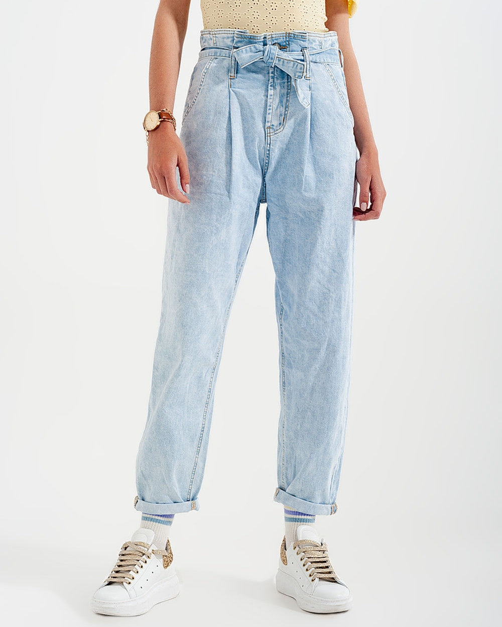 Tapered Leg Jeans with Paper Bag Waist in Light Vintage Wash