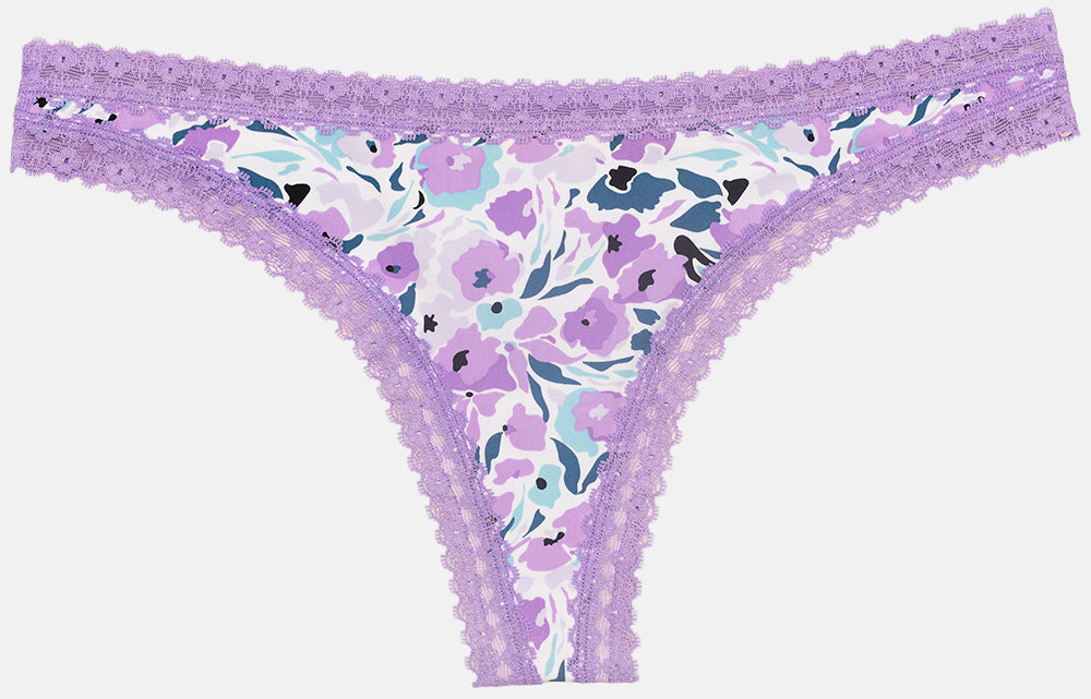 Purple Microfiber Thong with Lace Trim