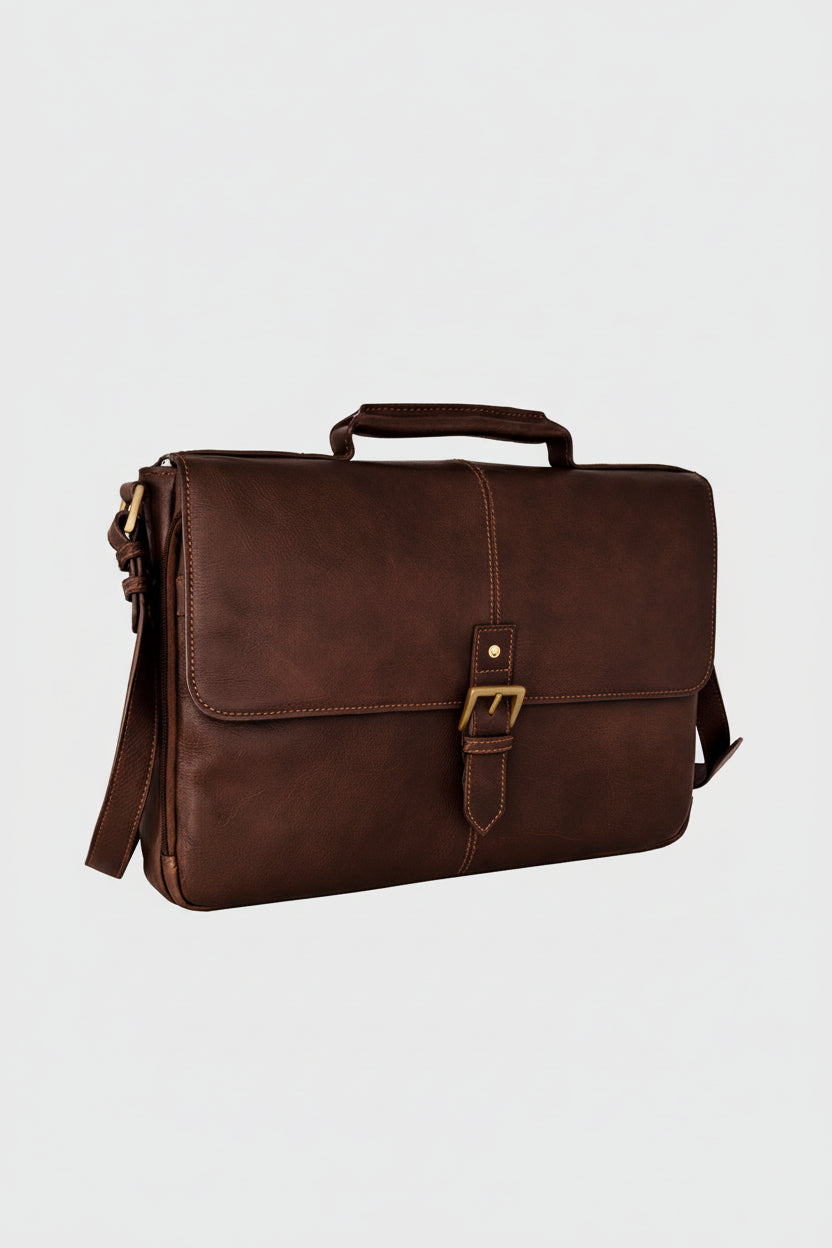 Hidesign Charles Leather 15" Laptop Compatible Briefcase Work Bag | Coffee Brown