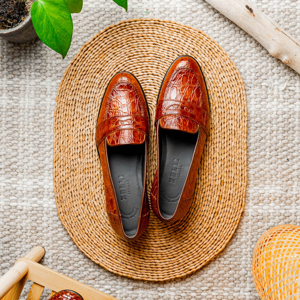 Tuscany Crocodile Penny Loafer | Cognac