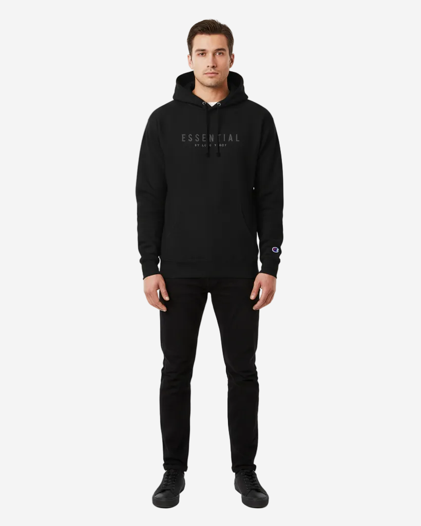 Champion Hoodie in Black with 'ESSENTIAL by Luxe Teddy' Print | DH519