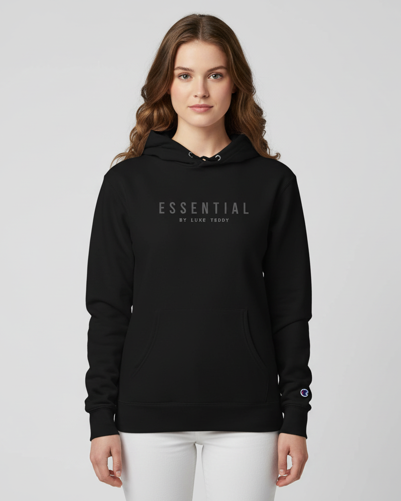 Champion Hoodie in Black with 'ESSENTIAL by Luxe Teddy' Print | DH519