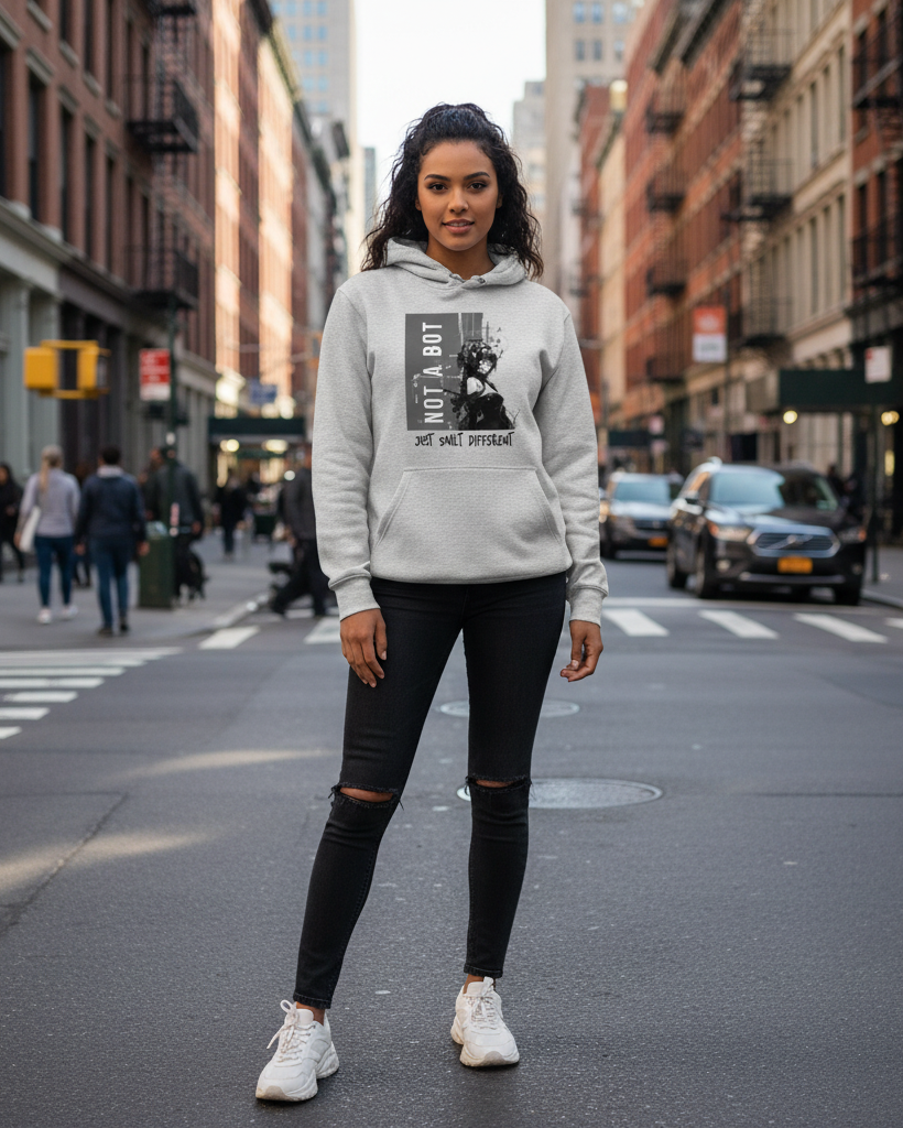 Fantasy Hoodie ‘Not A Bot… Just Built Different’ Grey Print