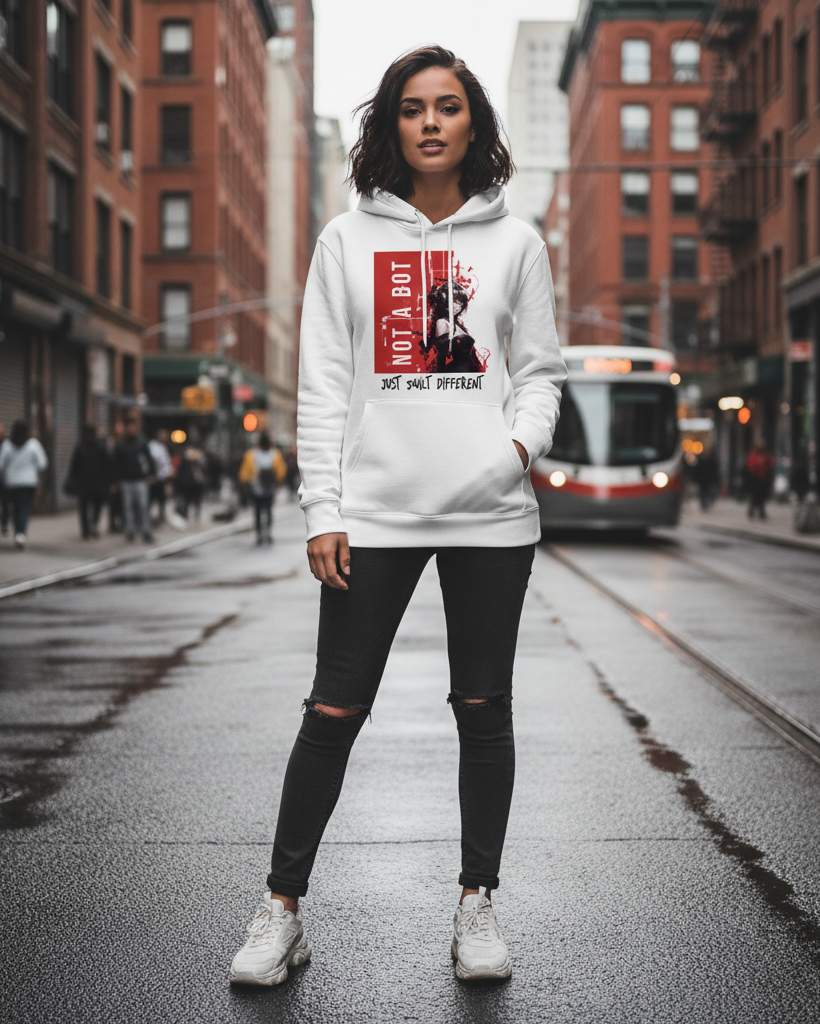 White Organic Hoodie ‘Not A Bot… Just Built Different’ Red Print