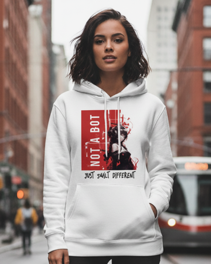 White Organic Hoodie ‘Not A Bot… Just Built Different’ Red Print