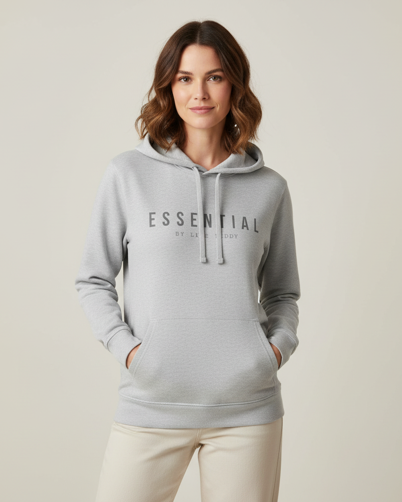 Essential by Luxe Teddy Organic Hoodie with Side Pockets in Grey | UDH501G