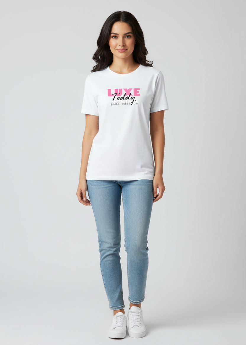 Luxe Teddy 'Pink Edition' Classic Eco T-Shirt in White | LT104P