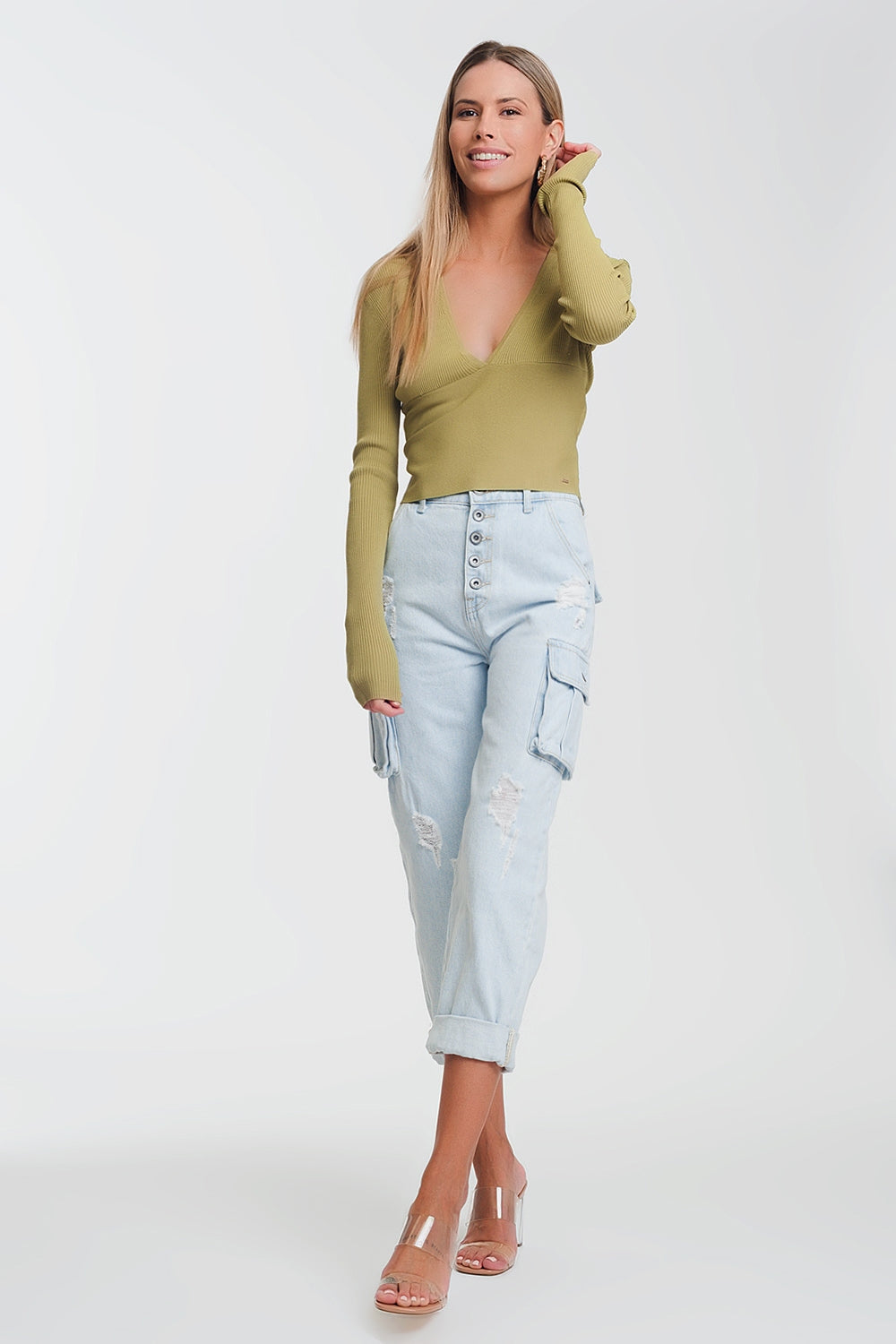 V-Neck Ribbed Sweater in Green