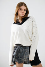 V-Neck Sweater Embellished with Metallic Stars