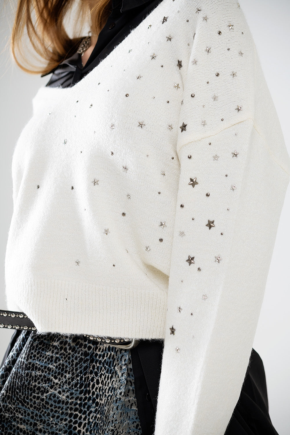 V-Neck Sweater Embellished with Metallic Stars