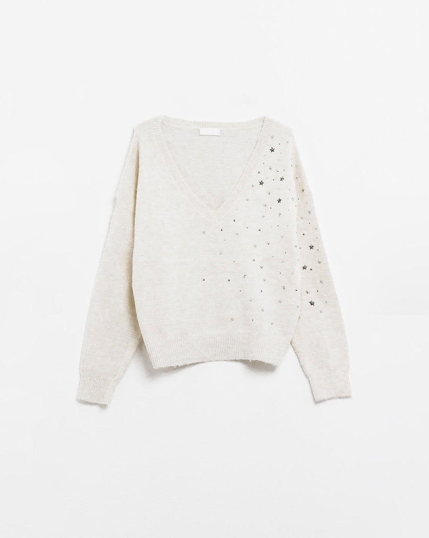 V-Neck Sweater Embellished with Metallic Stars