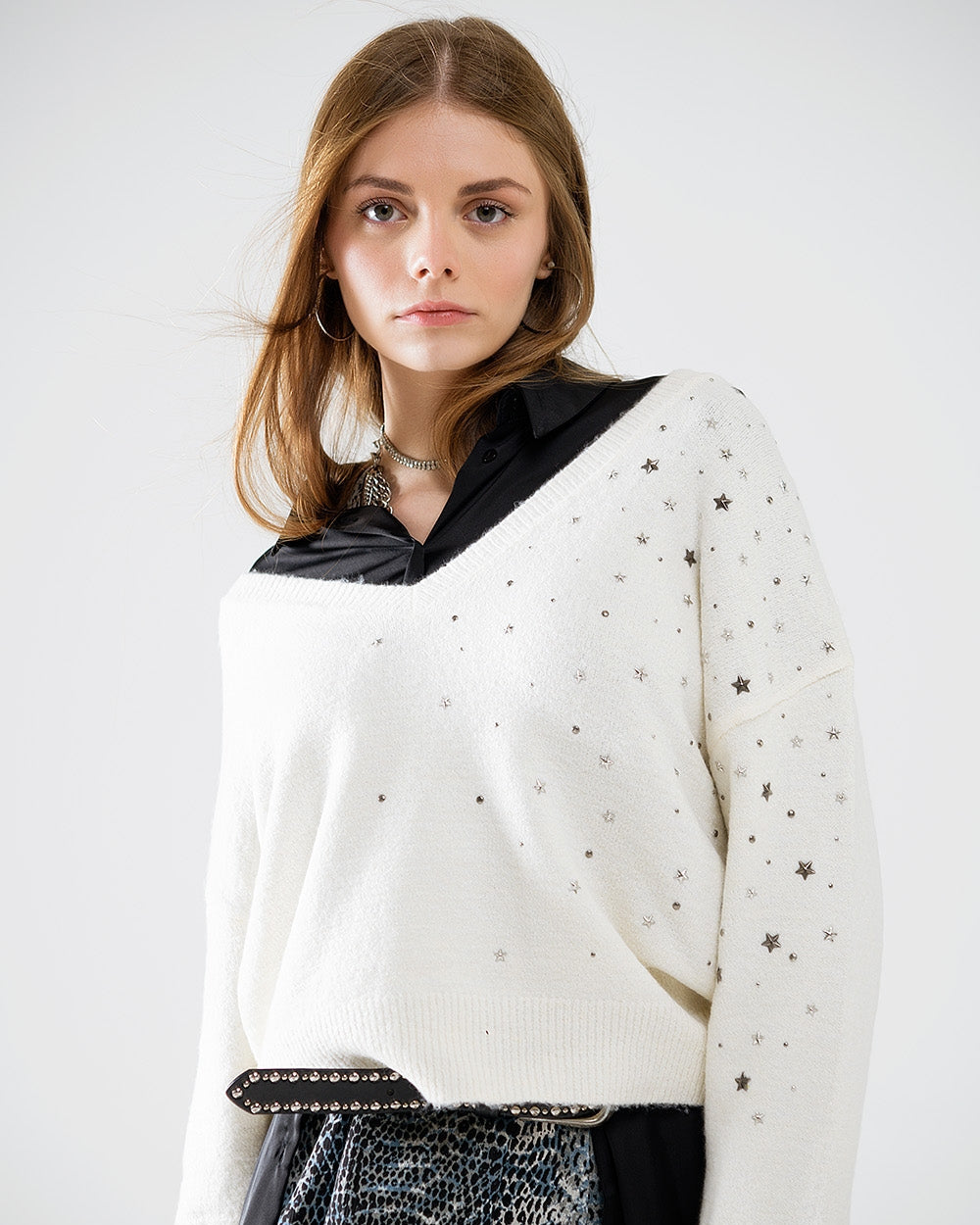 V-Neck Sweater Embellished with Metallic Stars