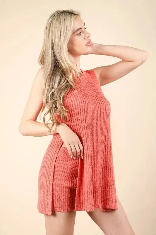 Women's Two-Piece Loungewear Set with Soft & Comfy Slit Sweater | Coral