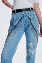 Vintage Ripped Straight Jeans with Studs and Chains