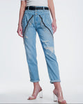 Vintage Ripped Straight Jeans with Studs and Chains