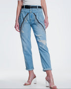 Vintage Ripped Straight Jeans with Studs and Chains