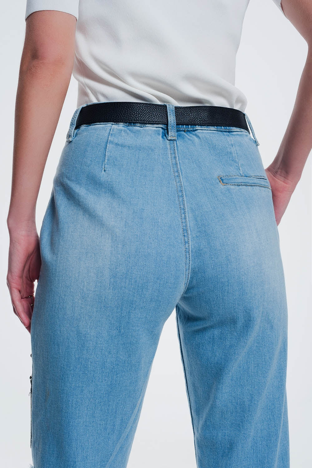 Vintage Ripped Straight Jeans with Studs and Chains