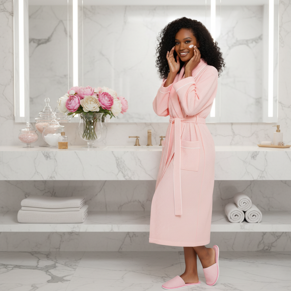 Women’s Waffle Piping Bathrobe Lightweight Spa-Style Comfort