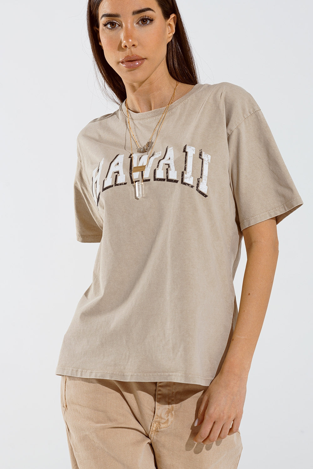 Washed Effect Hawaii T-Shirt in Beige