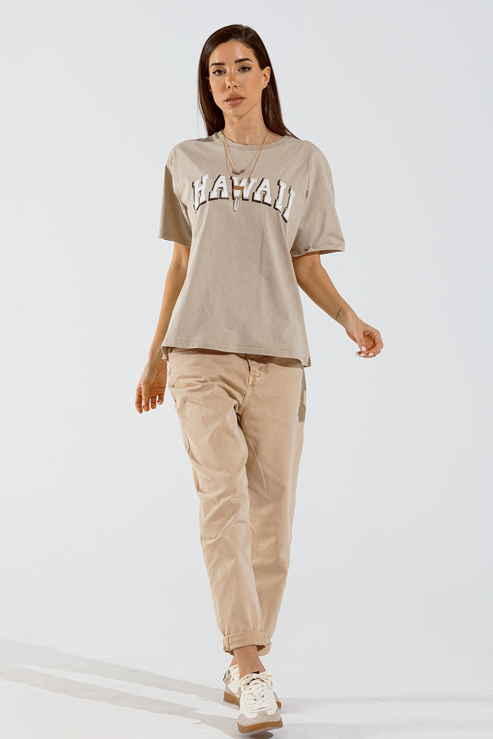 Washed Effect Hawaii T-Shirt in Beige