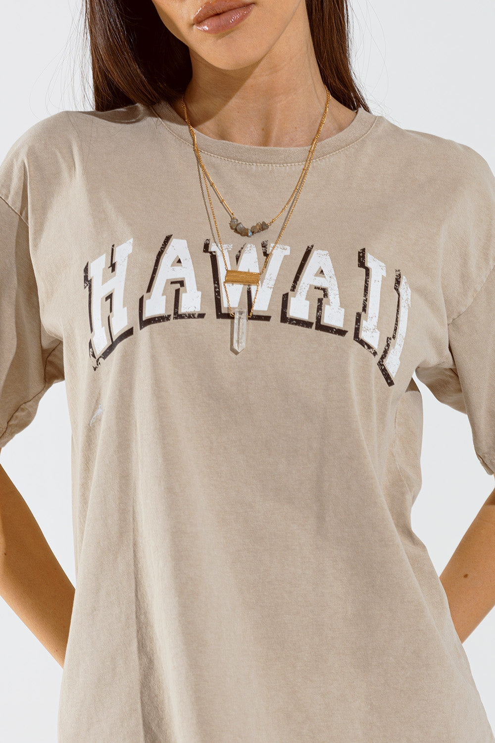 Washed Effect Hawaii T-Shirt in Beige