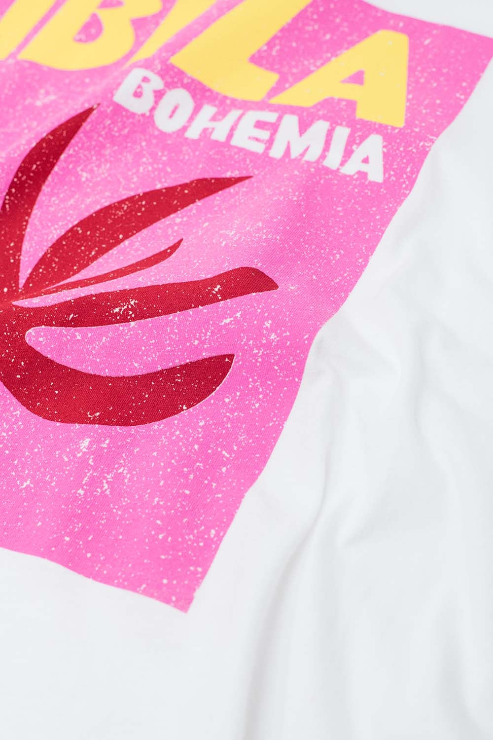 White Ibiza Bohemia Relaxed T-Shirt with Pink Print