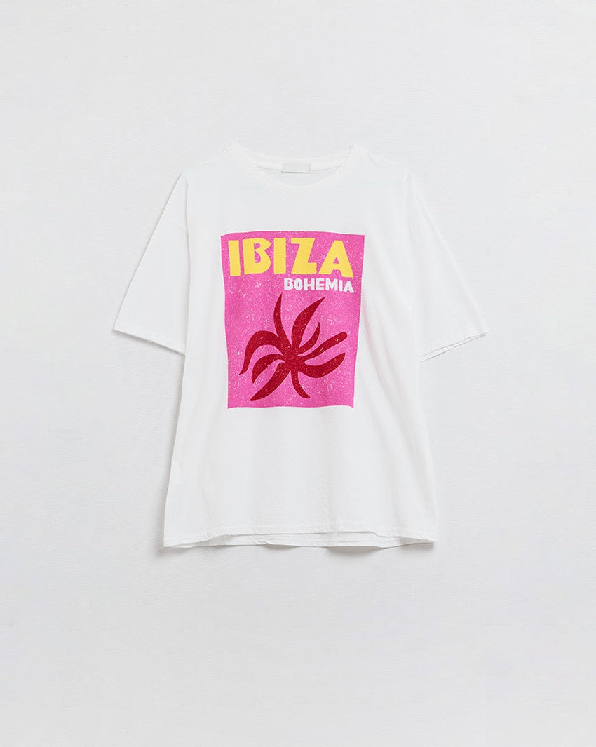 White Ibiza Bohemia Relaxed T-Shirt with Pink Print