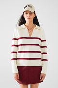 White Sweater with Dark Red Stripes and Wide V-Neck