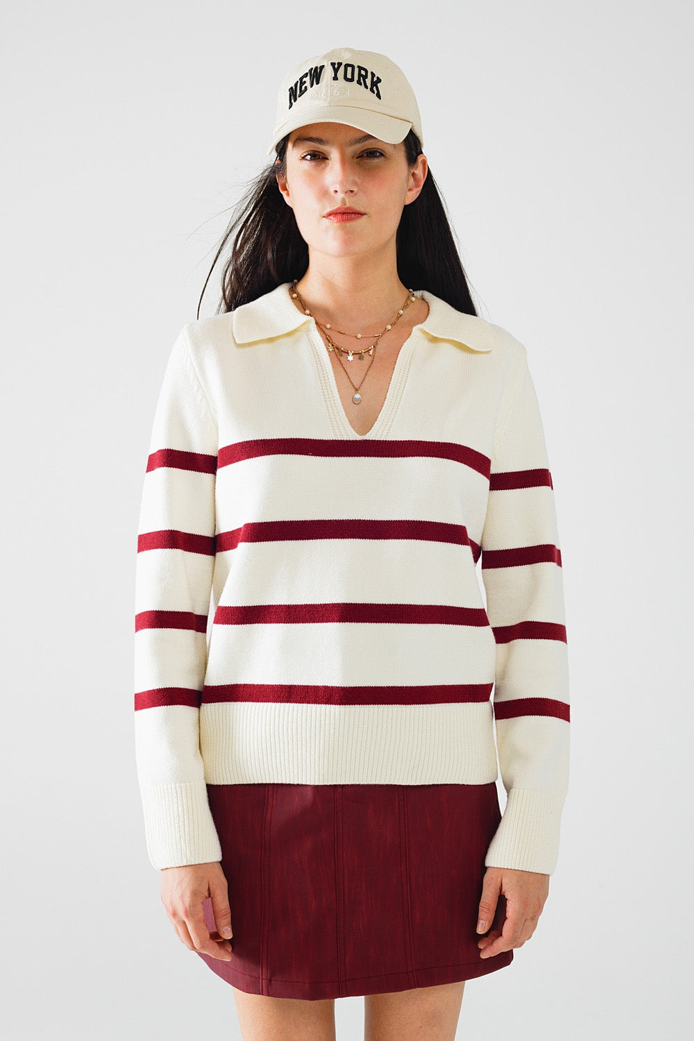 White Sweater with Dark Red Stripes and Wide V-Neck