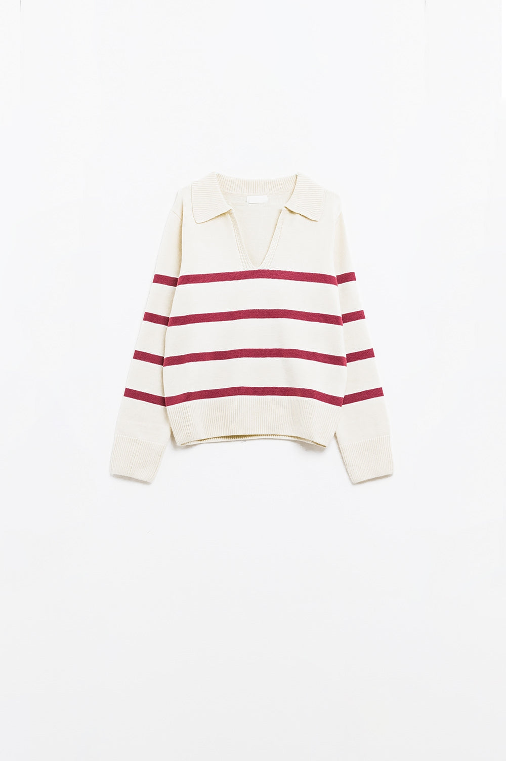 White Sweater with Dark Red Stripes and Wide V-Neck