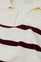 White Sweater with Dark Red Stripes and Wide V-Neck